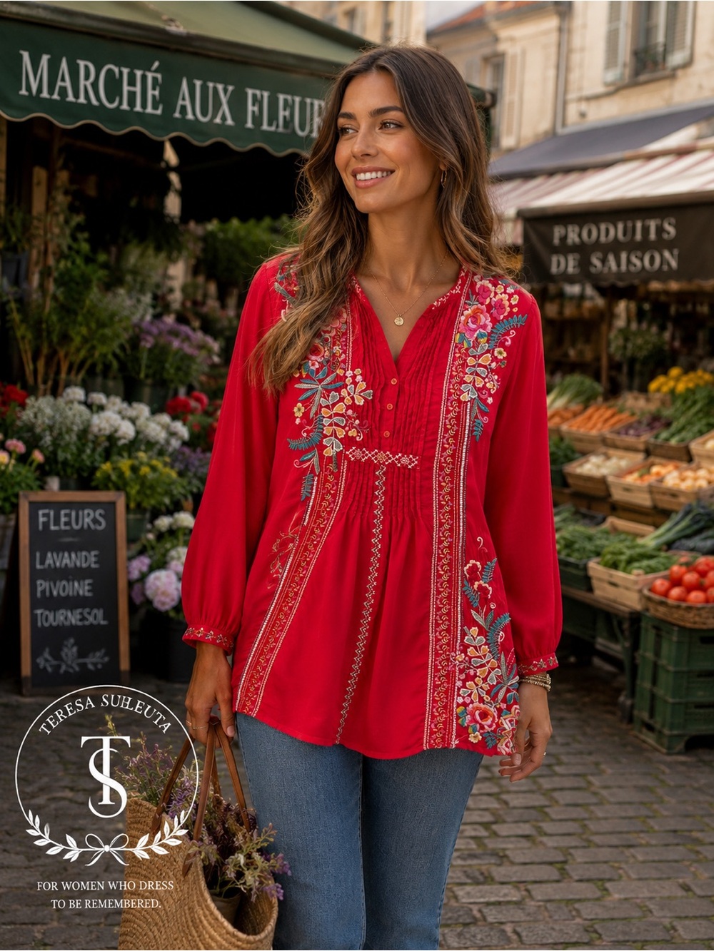 NWT Johnny Was Red Embroidered Floral Tunic Blouse Size L Boho Artsy Statement